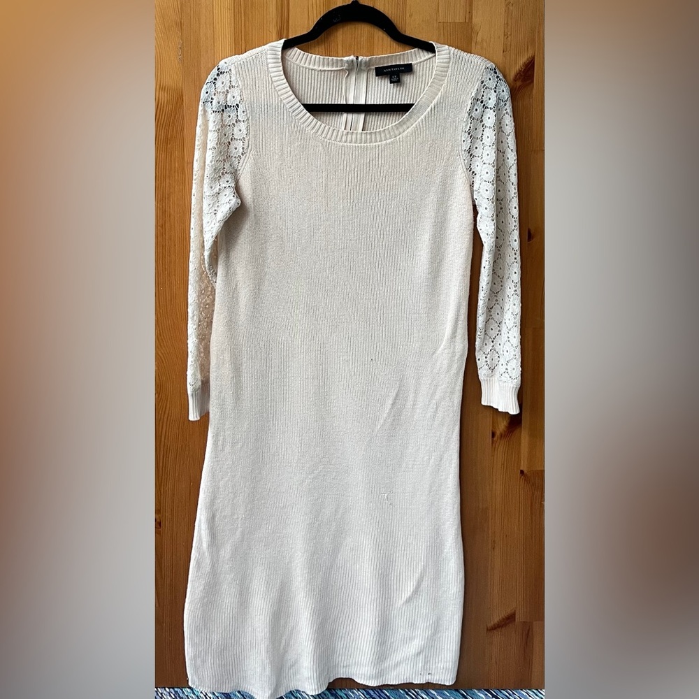 Ann Taylor Women's Cream Off White Lace Long Sleeves Knit Sweater Dress -Size ST